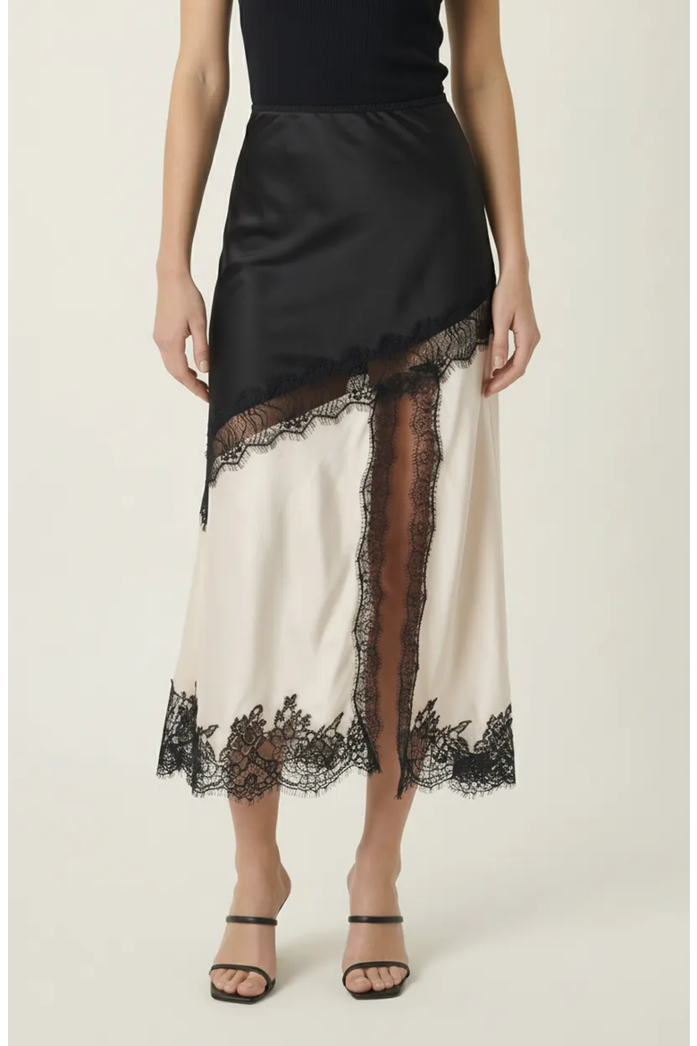 Lace Trim Asymmetric Satin Midi Skirt With Contrast Panel