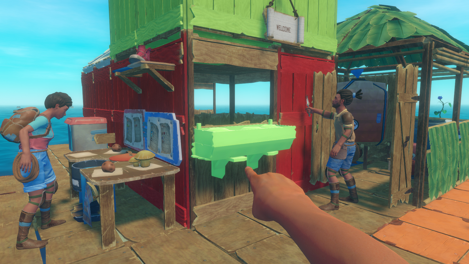 Рецепты Raft Juicer - игрок смотрит на предметы на столе рядом с деревянной хижиной.