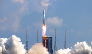 A Chinese Long March 7 rocket launches the Tianzhou 3 automated cargo ship to the country's Tiangong space station module Tianhe on Sept. 20, 2021 from the Wenchang Satellite Launch Center on Hainan Island.