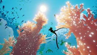Diver swims amongst the seaweed in Abzu