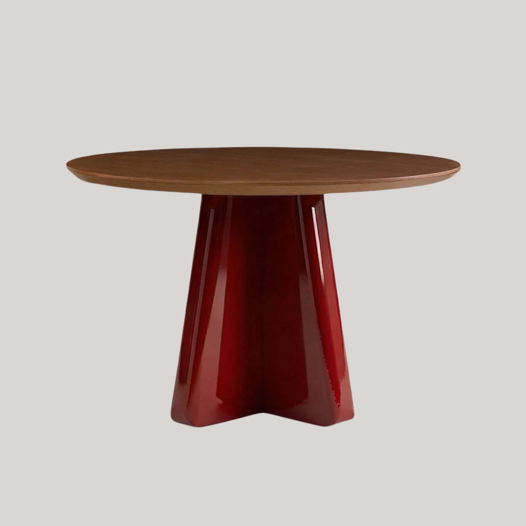 The Masie Round Wooden Dining Table Roxenna against pale gray background.