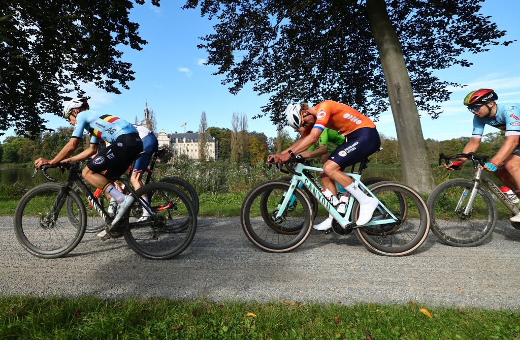 Dutch Mathieu Van Der Poel pictured in action during the men elite race at the UCI World Gravel Championships, Sunday 06 October 2024, in Leuven. BELGA PHOTO DAVID PINTENS (Photo by DAVID PINTENS / BELGA MAG / Belga via AFP) (Photo by DAVID PINTENS/BELGA MAG/AFP via Getty Images)