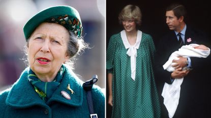 A composite of a picture of Princess Anne in 2026 and a picture of Princess Diana, King Charles and baby William in 1982