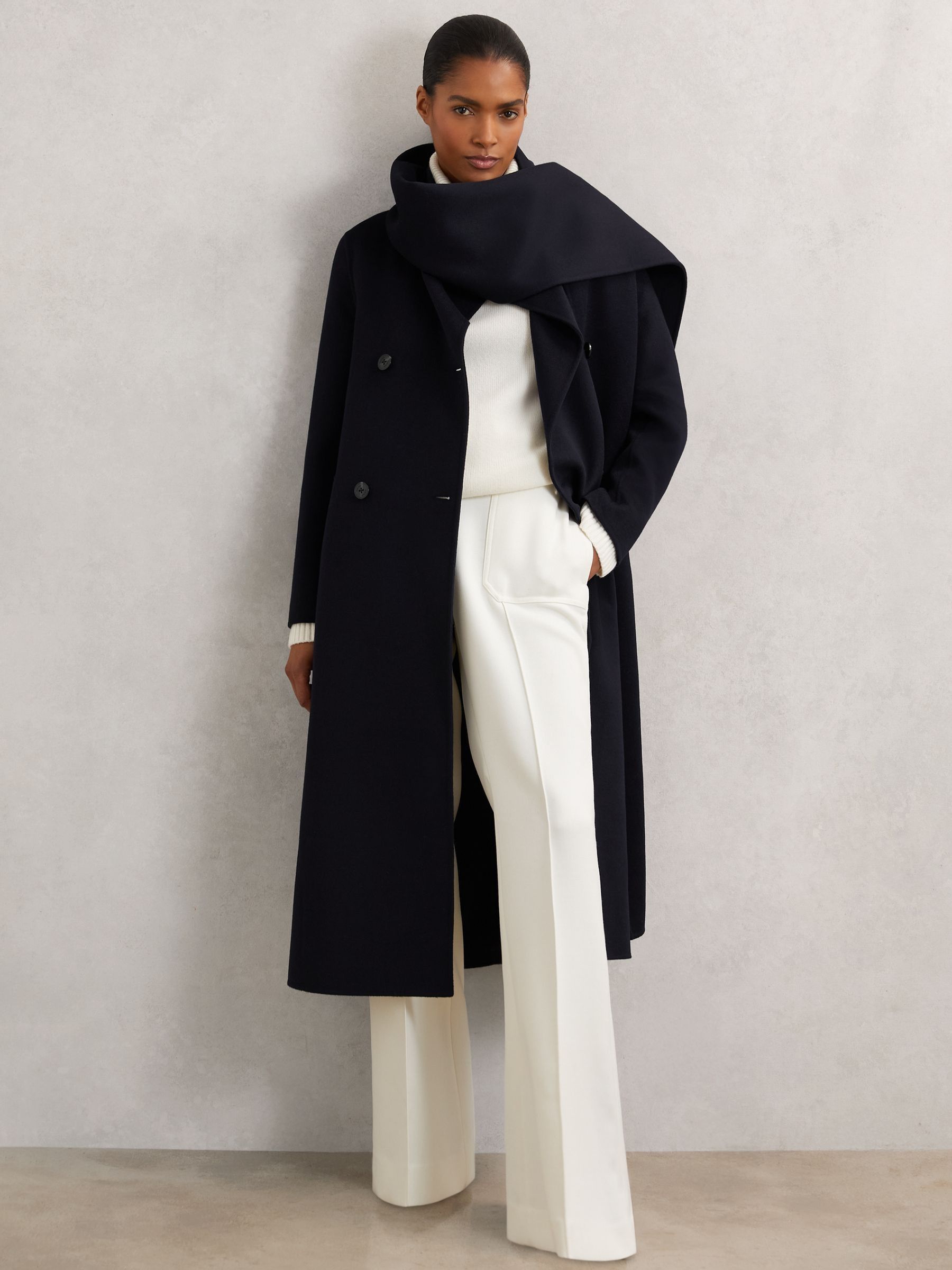 Wool-Blend Scarf Blindseam Coat in Navy