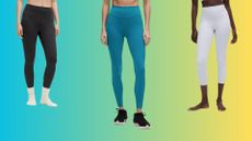 Three lower bodies of women wearing leggings on color-gradient background