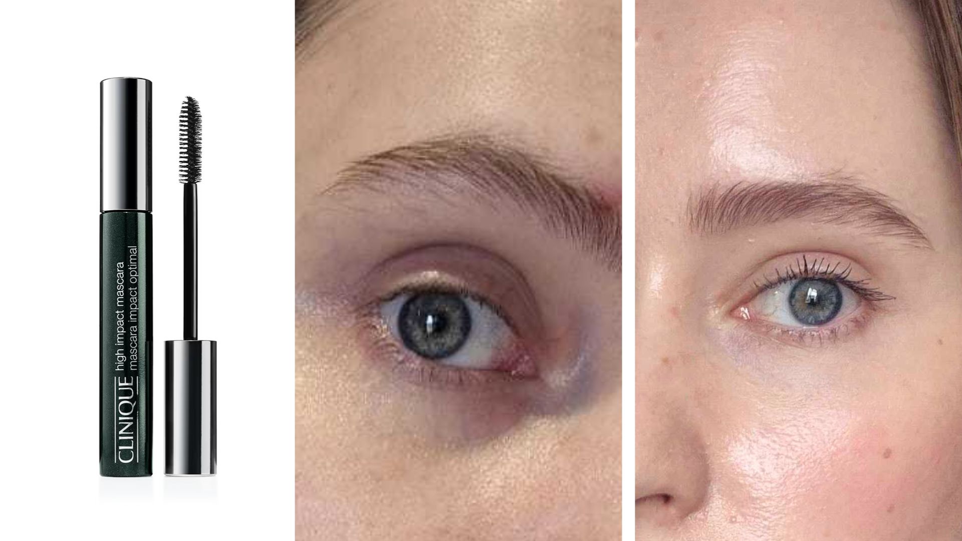 Naomi Jamieson&#039;s lashes before and after wearing Clinique High Impact Zero Gravity Mascara, next to a product shot