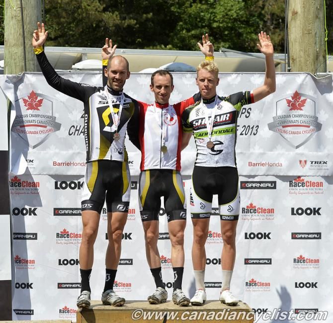 Canadian National Championships elite men's cross country podium: Geoff Kabush, Derek Zandstra, Max Plaxton