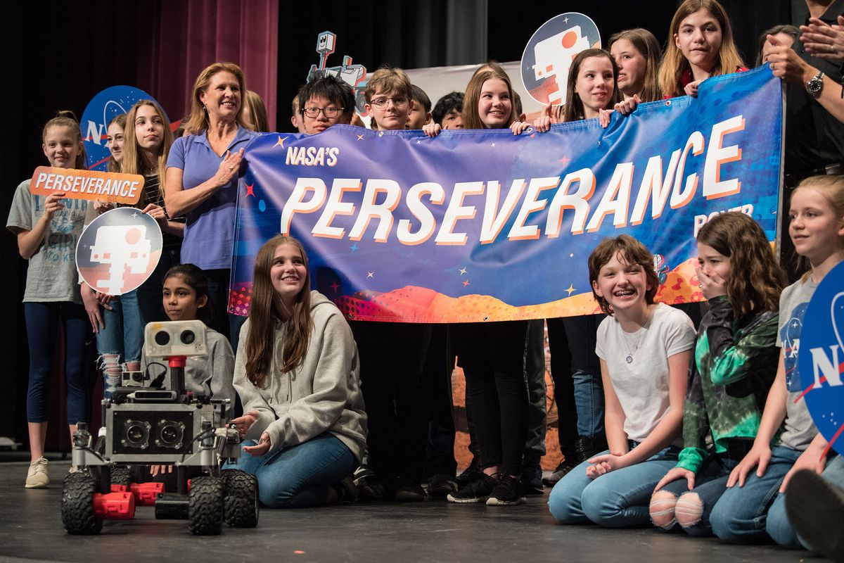 Thomas Zurbuchen, associate administrator of NASA&#039;s Science Mission Directorate, announces the official name of the Mars rover Perseverance, at Lake Braddock Secondary School in Burke, Virginia, on March 5, 2020.