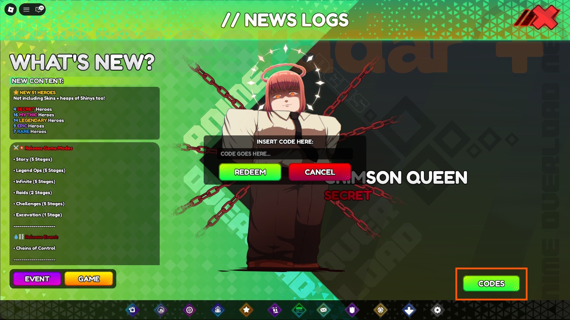 The Anime Overload codes redemption box in-game.