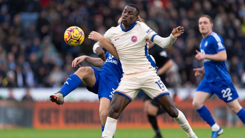 Nicolas Jackson of Chelsea and Wout Faes of Leicester City in action during the Premier League match between Leicester City FC and Chelsea FC at The King Power Stadium on November 23, 2024 in Leicester, England.