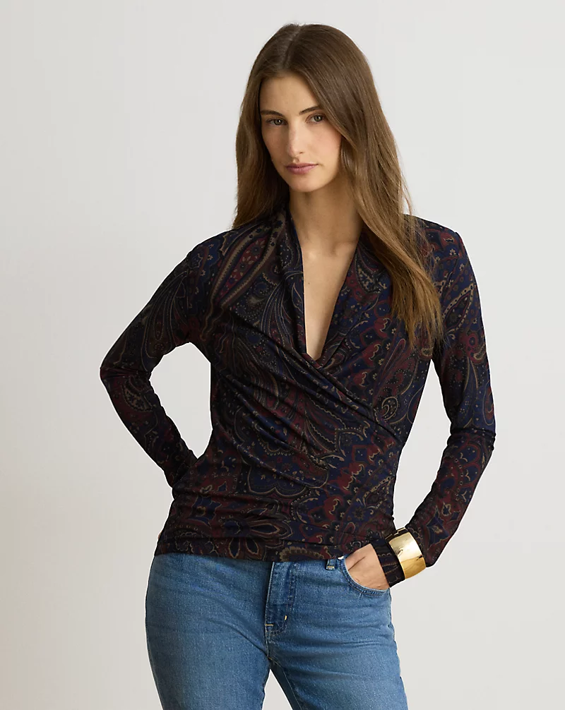 Paisley Stretch Jersey Surplice Top
