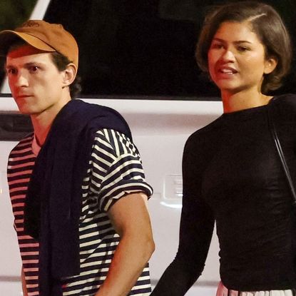 Zendaya and Tom Holland were spotted in color coordinating outfits, plus flats and Adidas Sambas sneakers respectively