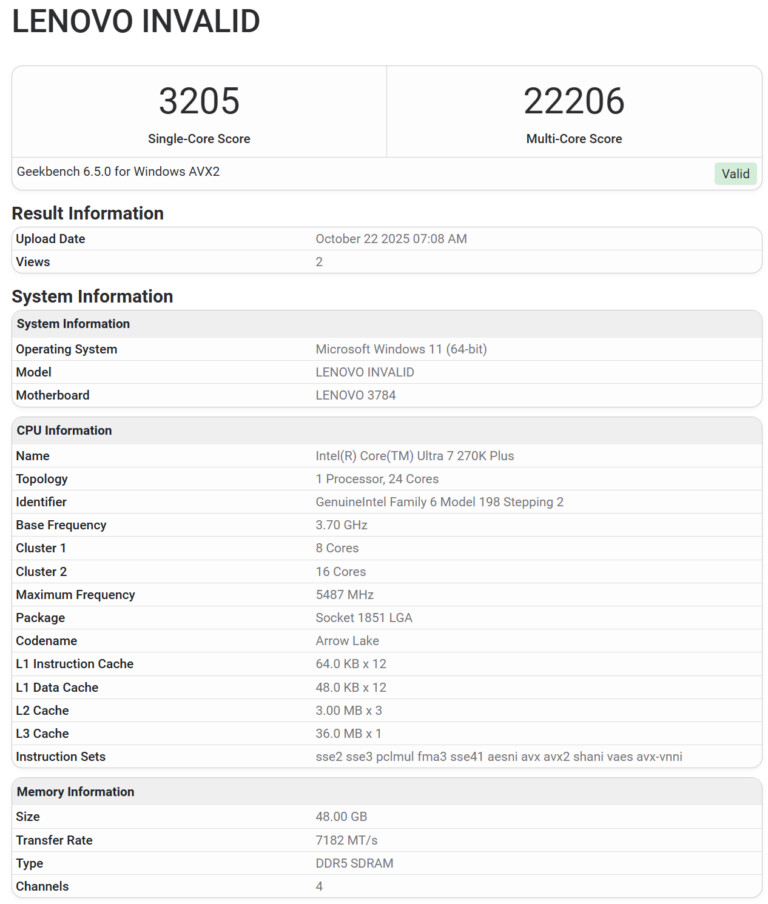 Alleged Geekbench scores of the Intel Core Ultra 8 270K Plus
