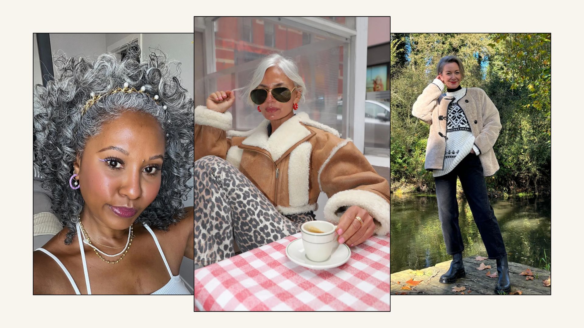 A collage of grey bob hairstyles