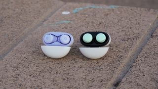 The Google Pixel Buds 2a in the Iris colorway.