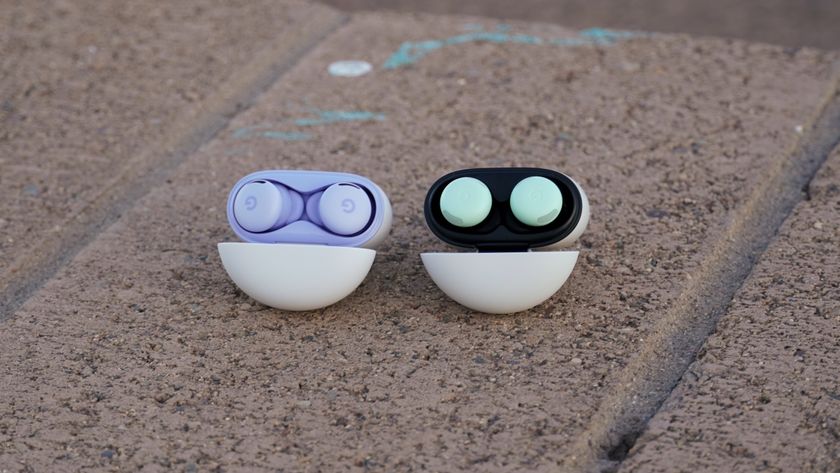 The Google Pixel Buds 2a in the Iris colorway. 