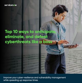 Top ten ways to eliminate cyber threats: eBook cover with green title over image of man using a laptop wearing a lanyard