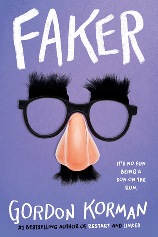 Image of the book cover for "Faker" with purple background and fake glasses and a nose on the cover