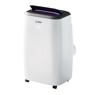 A white Airo Comfort Portable Air Conditioner with a white rectangular base, black wheels, and a black lid top with purple LED lights