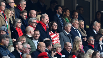 Gerald Davies, President of the Welsh Rugby Union, HRH Prince William, Prince of Wales, and HRH Princess Kate, Princess of Wales, line up during the National Anthems prior to the Six Nations Rugby match between Wales and England at Principality Stadium on February 25, 2023 in Cardiff, Wales.