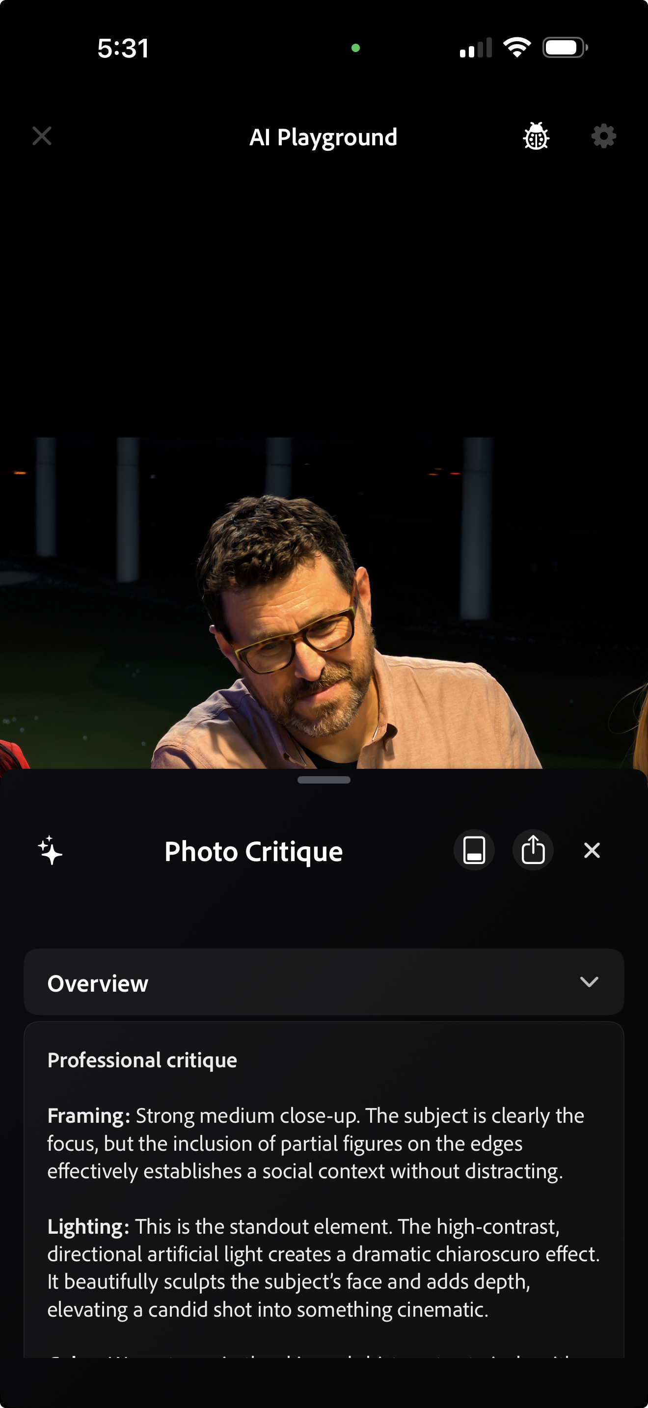 Adobe Project Indigo AI Playground displaying a professional photo critique of a portrait on an iPhone.