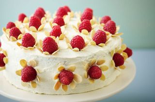 Lorraine Pascale's raspberry, vanilla and white chocolate cake with almond flowers