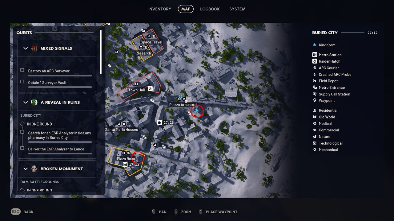 Arc Raiders Reveal in Ruins: A map with two red circles marking the locations of Buried City pharmacies where you can find the ESR Analyser.