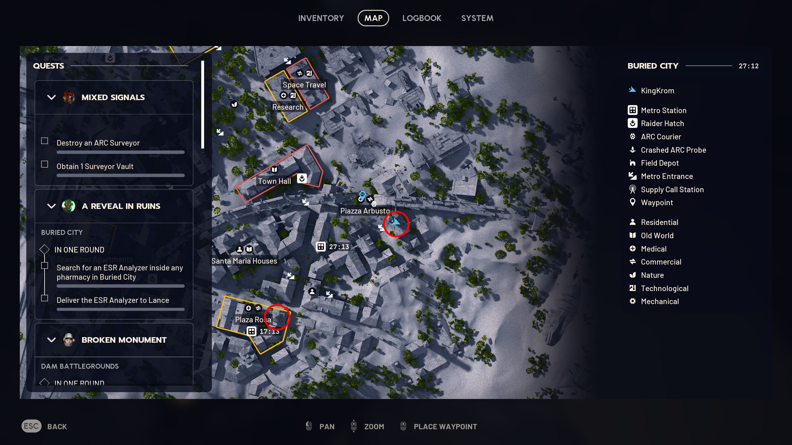 Arc Raiders Reveal in Ruins: A map with two red circles marking the locations of Buried City pharmacies where you can find the ESR Analyser.