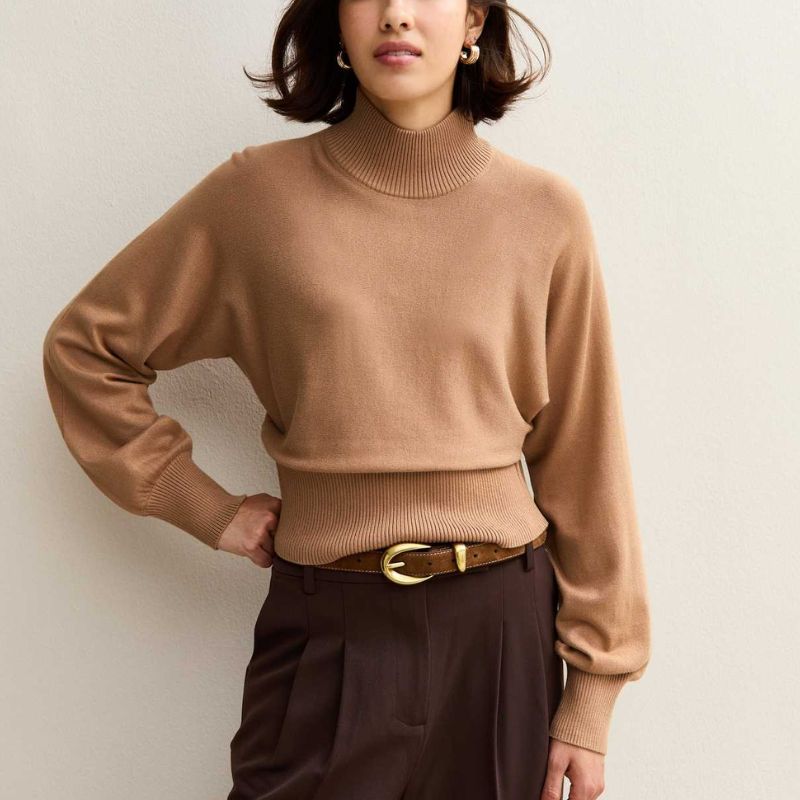 Camel High Neck Knit Jumper on model 