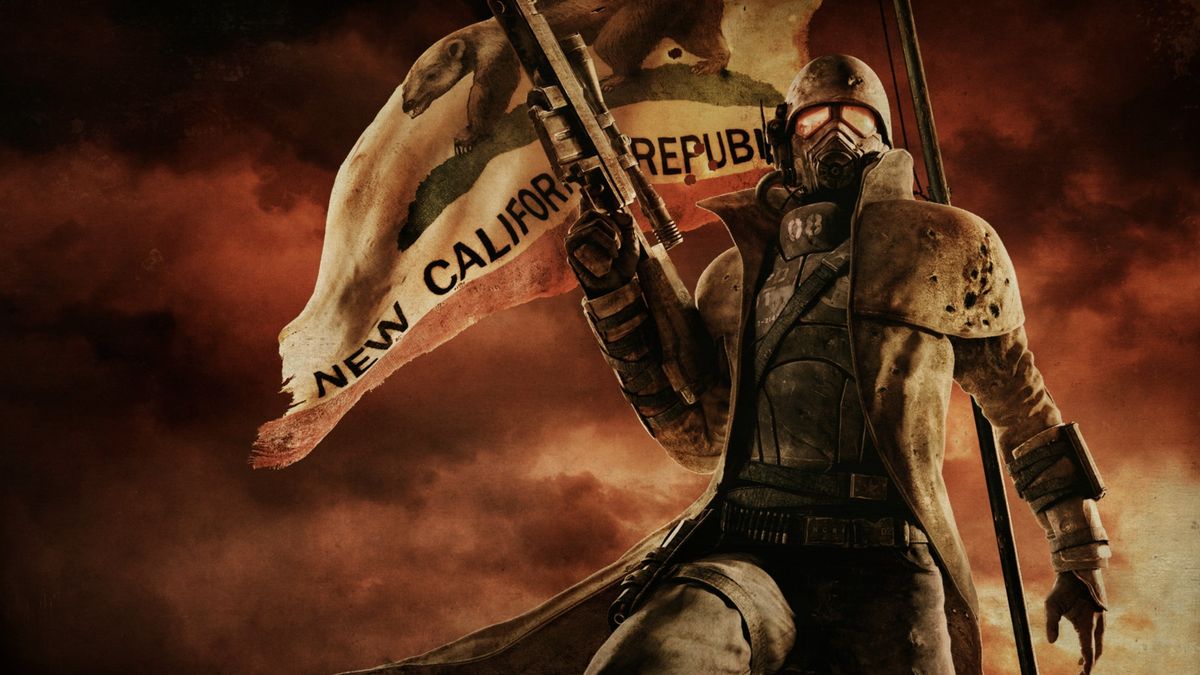 Fallout New Vegas Key Art - A character dressed in rugged tactical gear stands in front of a &quot;New California Republic&quot; flag.