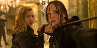 Natalie Dormer and Jennifer Lawrence in Hunger Games: Mockingjay