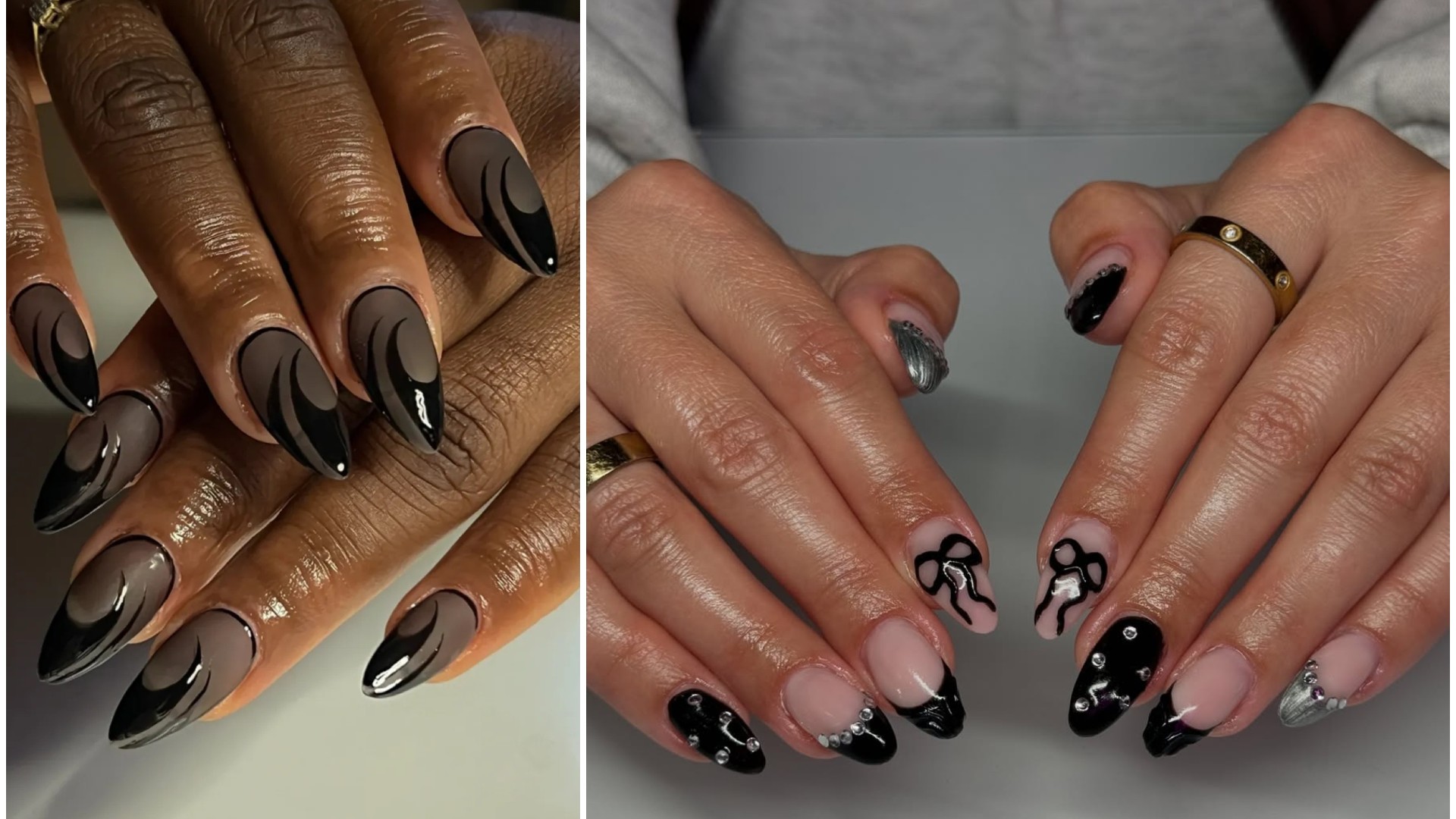 a side by side of two manicures featuring black french tips