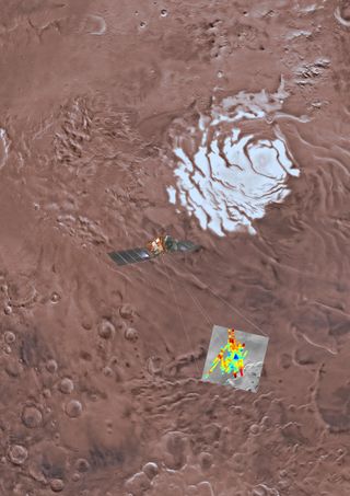 An artist's depiction of Mars Express over a patch of Planum Australe, with data from the study area superimposed on the planet's surface.