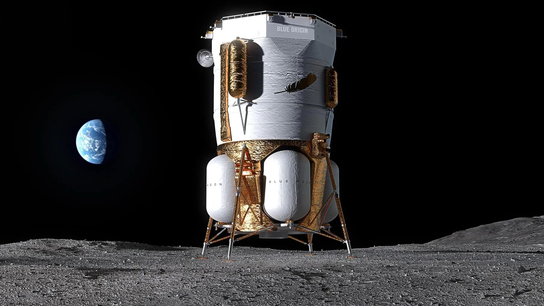 Artist's illustration of a large robotic white and gold lander on the moon, with earth in the background