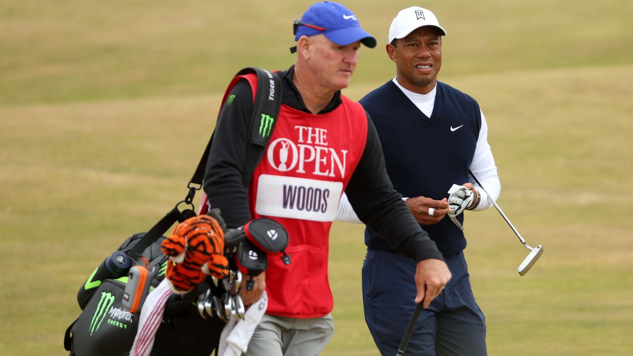 Joe LaCava and Tiger Woods during the first round of the 2022 Open at St Andrews