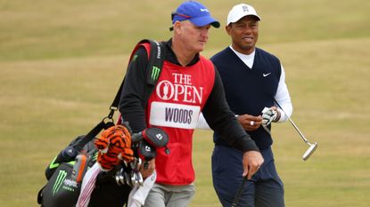 Joe LaCava and Tiger Woods during the first round of the 2022 Open at St Andrews