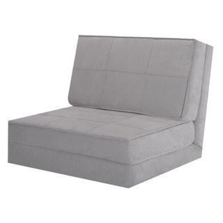 A gray folded fabric chair bed