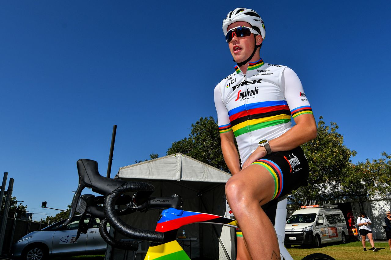 Mads Pedersen shows off his rainbow stripes at the Tour Down Under