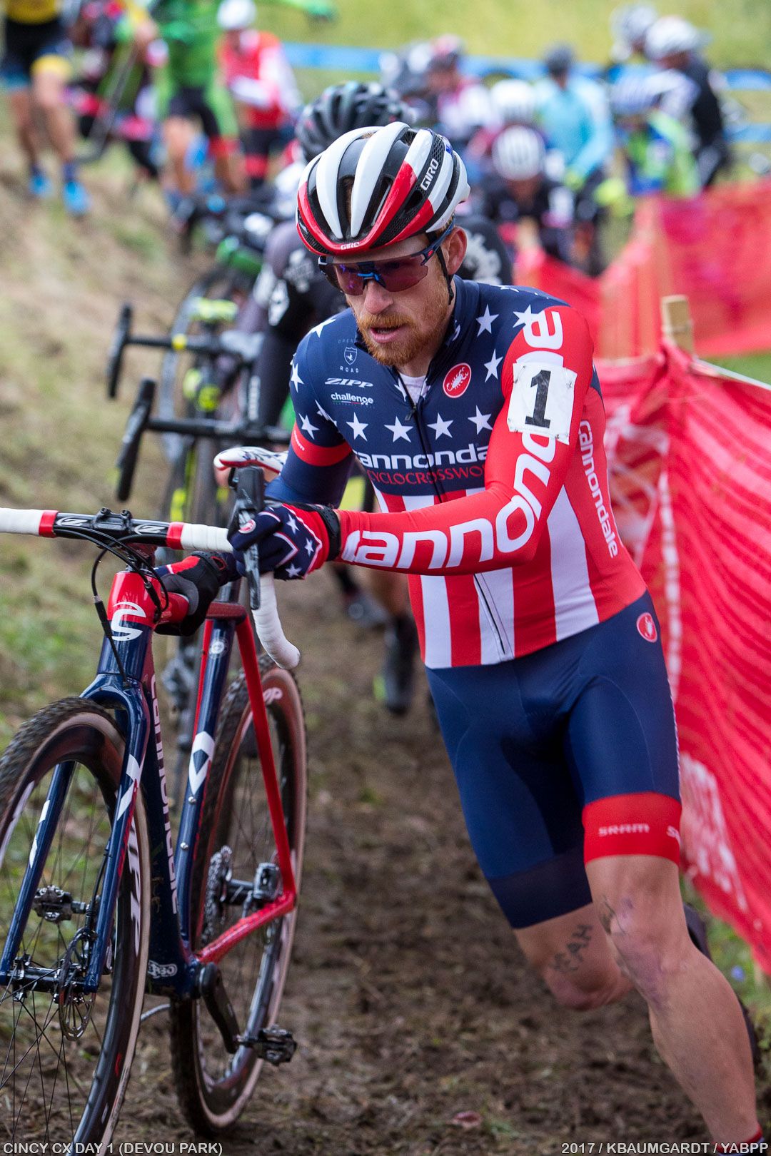Hyde sits second on the first lap through a muddy switchback section.