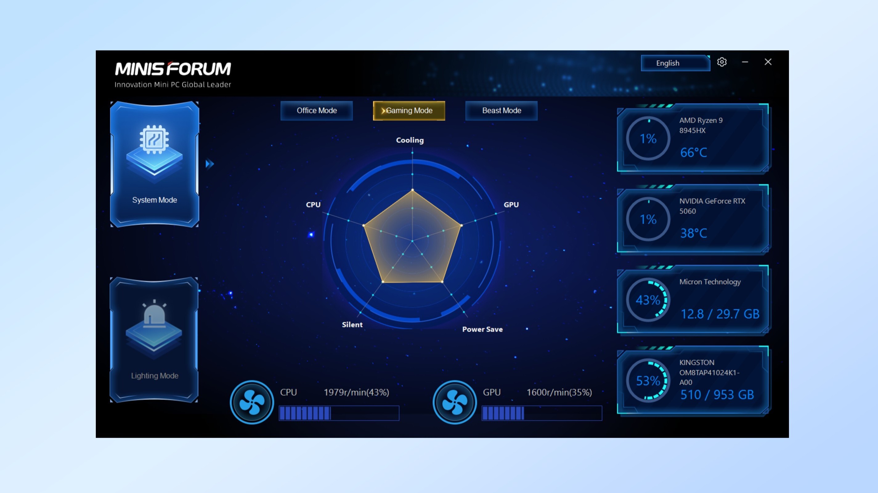 A screenshot showing off the included software for tweaking the performance of the Minisforum G1 Pro