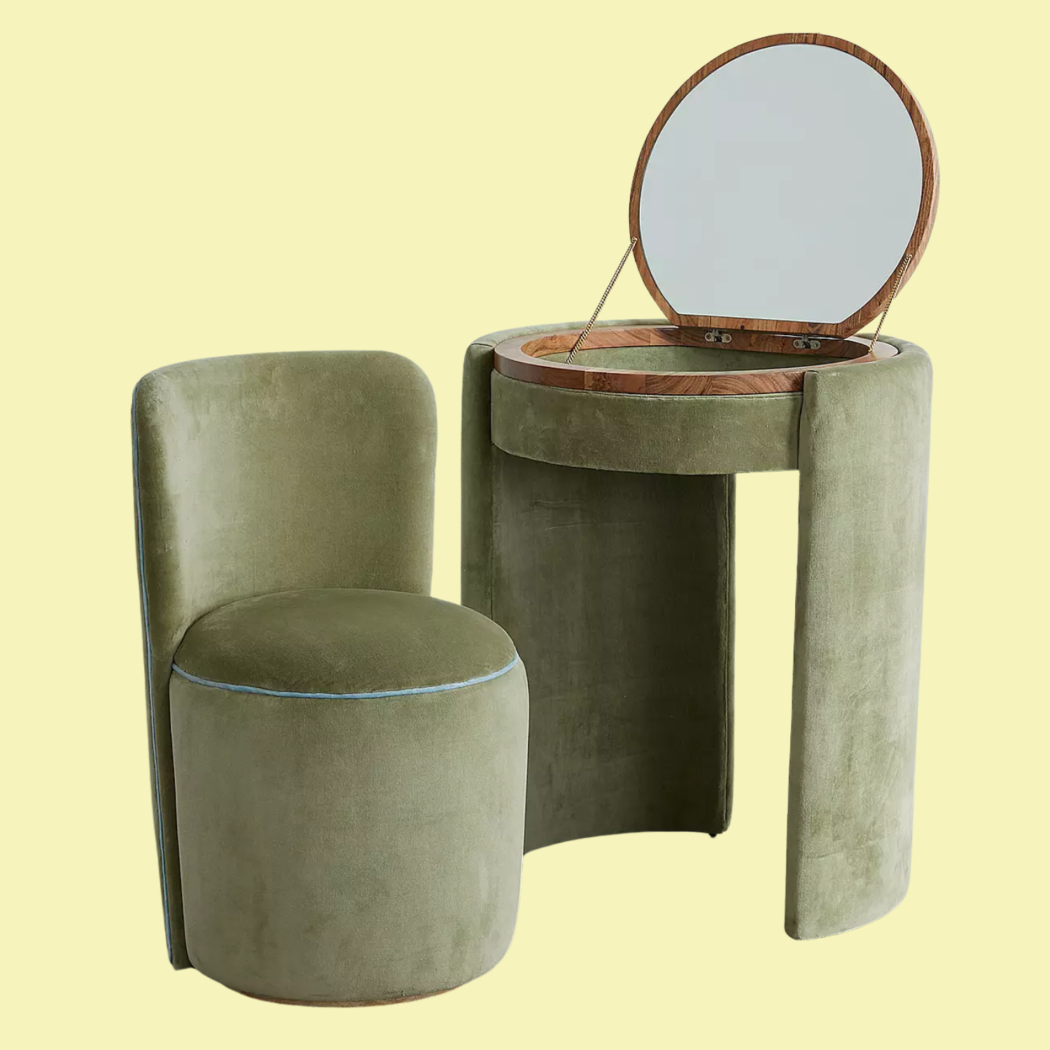 A velvet green vanity chair and stand set