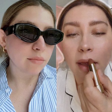  fashion collage of editor and influencer Jennifer Camp Forbes wearing black cat eye Chimi sunglasses, hoop earrings, white and blue striped button-down shirt, and Merit lipstick