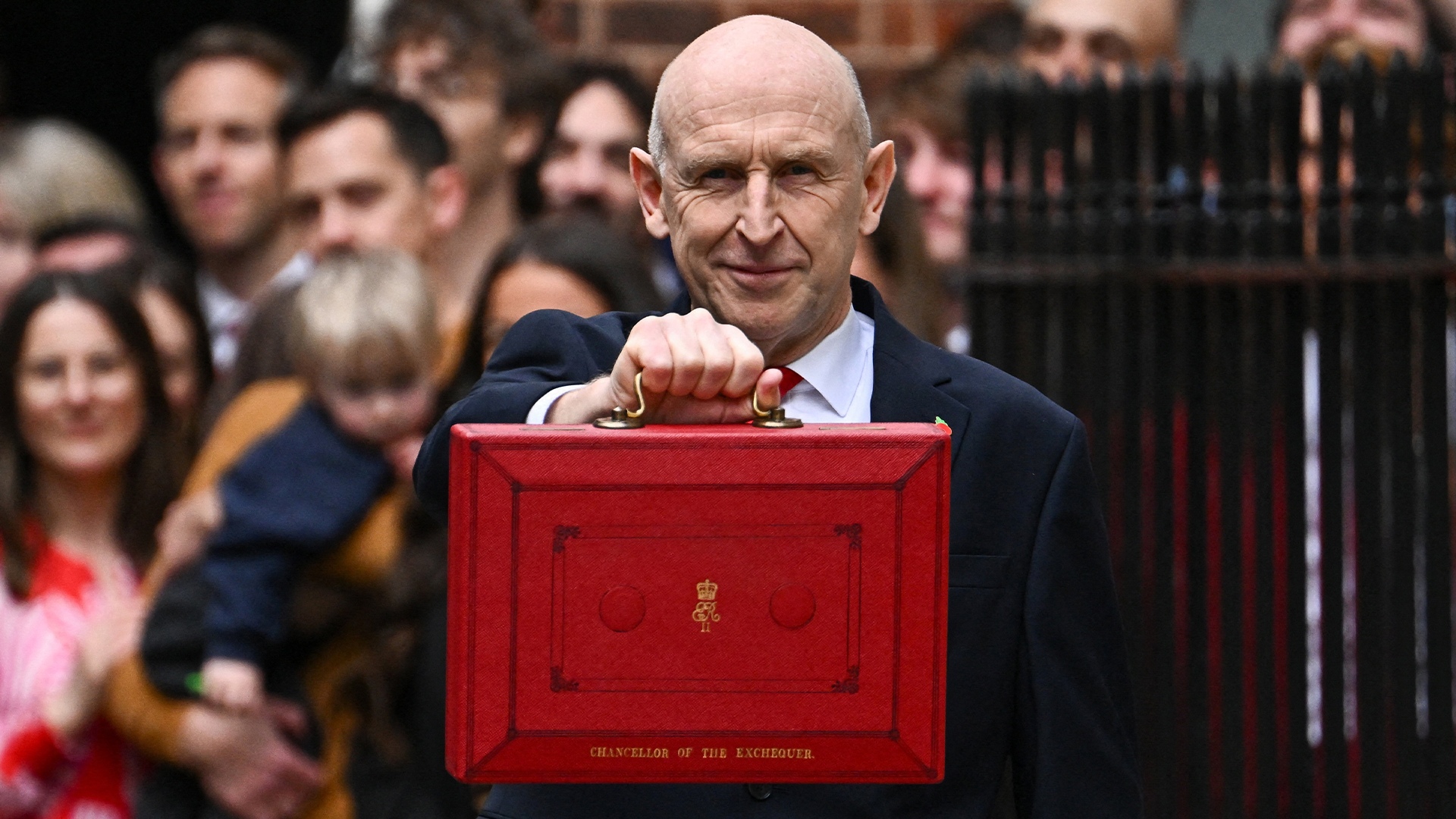 British Chancellor of the Exchequer John Healey pictured holding the Budget Box as he leaves 11 Downing Street ahead of the 2026 Autumn Budget.