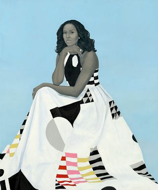 Painting of Michelle Obama wearing a dress with geometric patterns