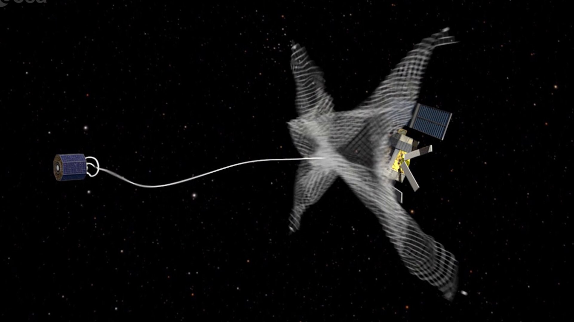 A spacecraft launches a net on a rope over a piece of scrap metal in space