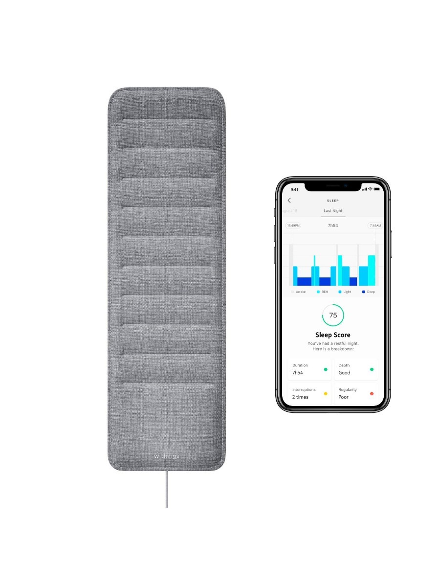 On the left, a Withings Sleep Mat, on the right, a smartphone showing the Withings app, against a white background