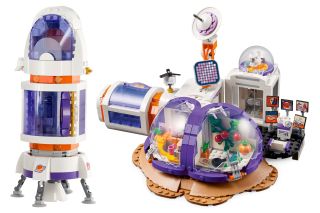 Mars base and rocket built out of Lego Friends toy bricks