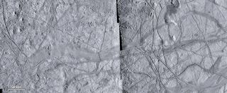 Close-up view of a possible zone of plate spreading on Europa, showing internal striations related to spreading and bilateral symmetry about a central axis. Older geological features can be matched perfectly to either side of the spreading zone. (This image focuses on a different region of Europa than the one analyzed for the Nature Geoscience paper published on Sept. 7, 2014.)