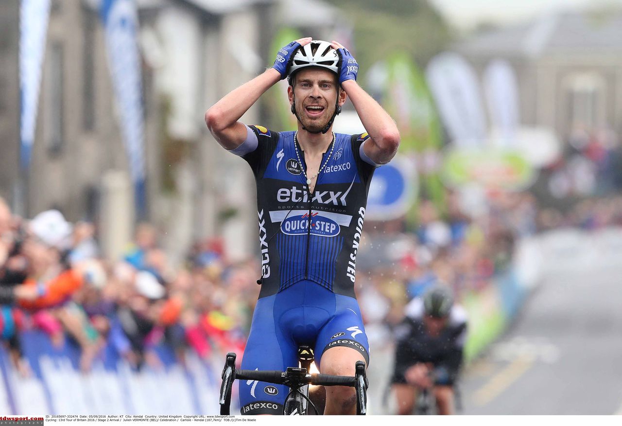 Julien Vermote (Etixx-QuickStep) beat Steve Cummings to win in Kendal at the Tour of Britain.