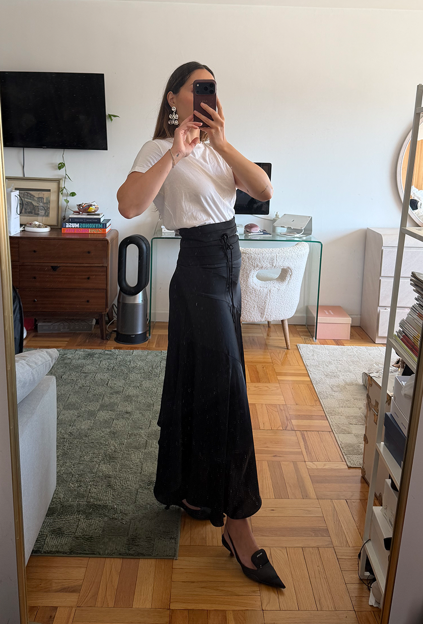 an outfit photo of senior fashion editor Anna LaPlaca wearing the cummerbund trend for fall 2026